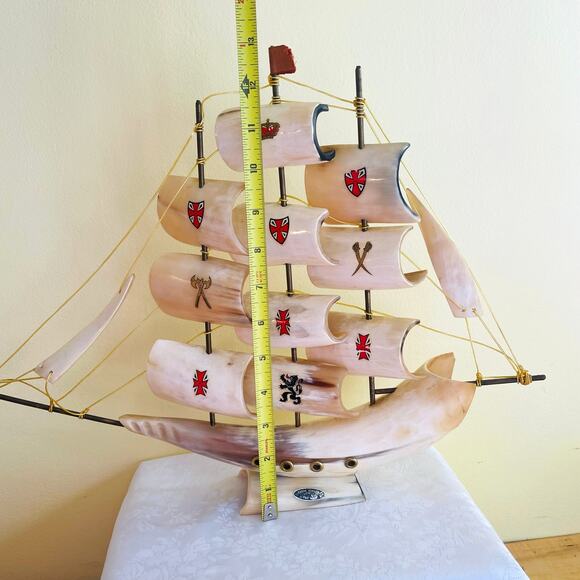 Vtg Handmade Clipper Ship Sailboat Boat Horn Coat of Arms Crest Sailing - Picture 6 of 14